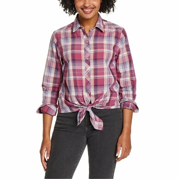 Eddie Bauer tie front plaid blouse button down shirt size medium women’s NWT - Picture 1 of 16